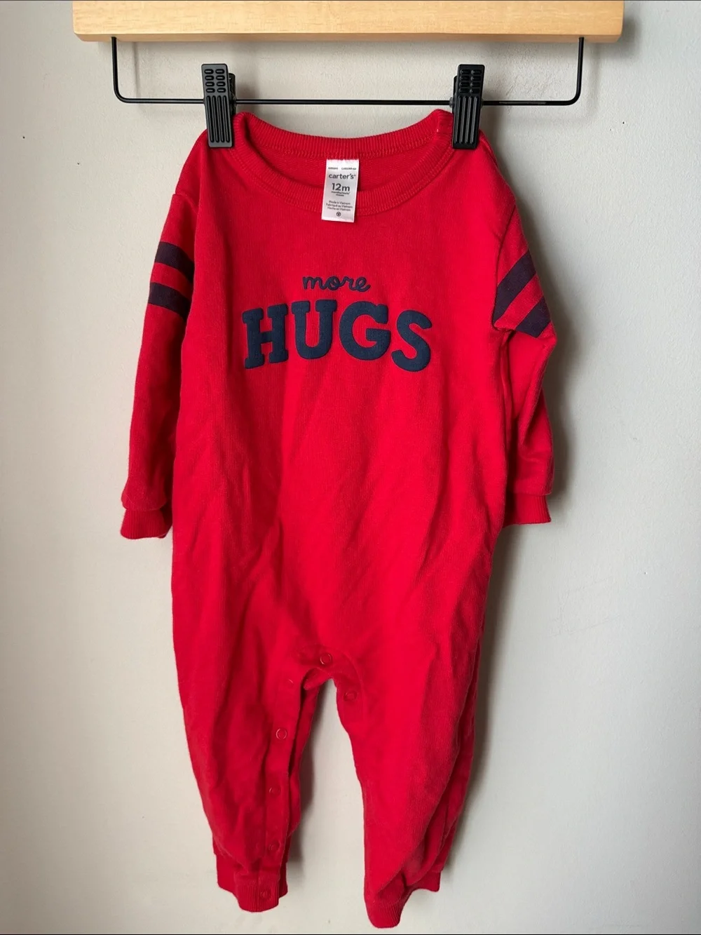 Carter’s Baby Boys Red “More Hugs” Terry Cloth Romper Jumpsuit 12M Snap Bottom